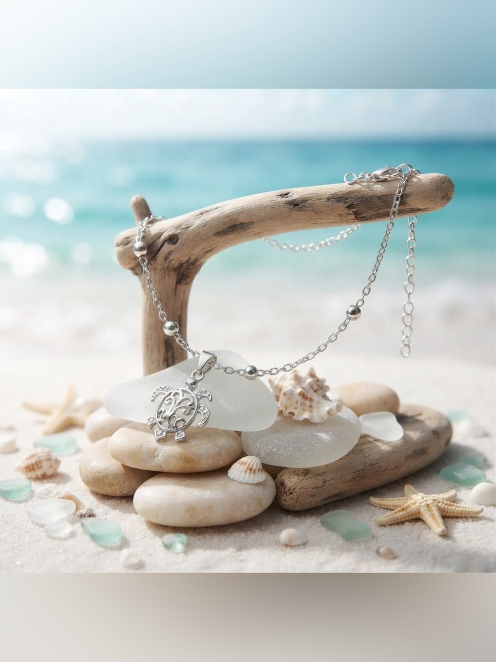 Silver Turtle Pendant Anklet - Elegant Beach-Inspired Jewelry